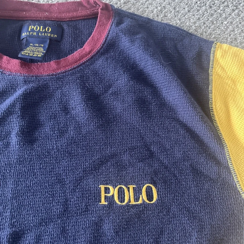 Men's Polo Ralph Lauren Waffle Knit Color Block‎ Y2K Long Sleeve Shirt. Top, XL